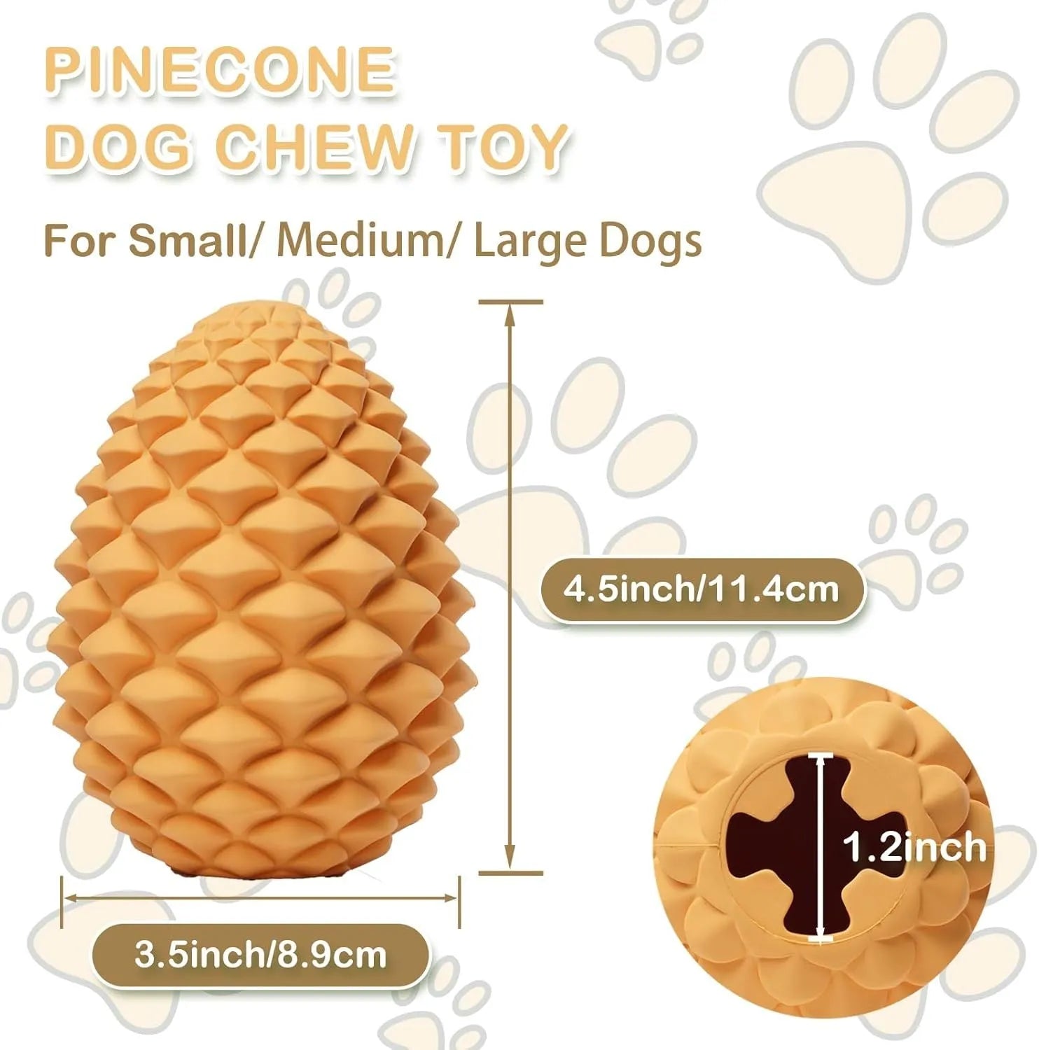 Yellow natural rubber pine cone shaped dog toy with treat dispenser hole