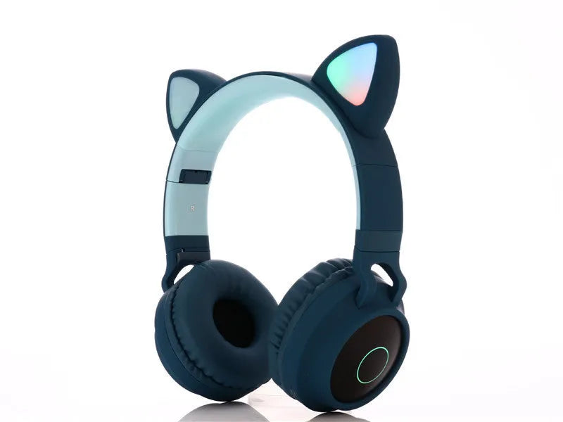 Cartoon-style pink wireless Bluetooth headset with cat ears on headband