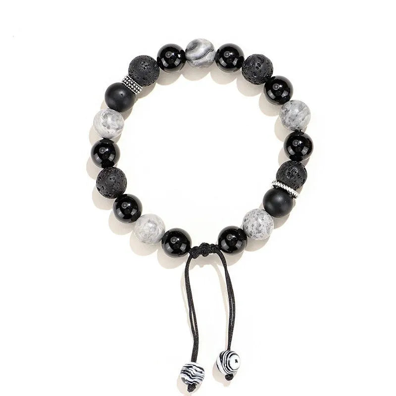 Black agate and volcanic rock diamond-shaped bracelet with electroplated finish