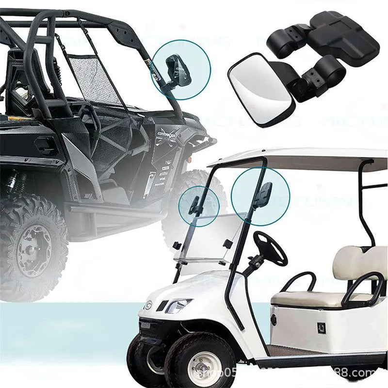 Pair of black plastic and glass universal UTV off-road motorcycle rearview mirrors in packaging