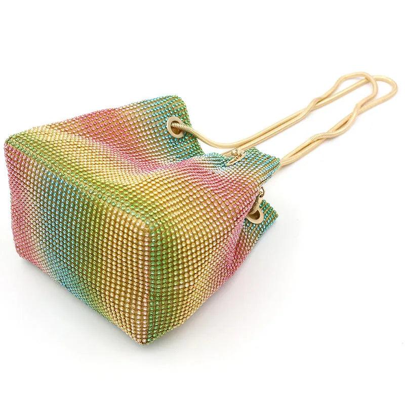 Rainbow multi-colour rhinestone bucket bag with diamond pattern design and soft fabric texture