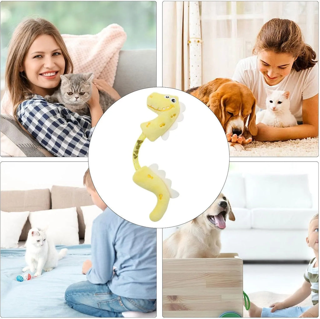 Set of four cat toys: plush fish, mouse, bunny, and a catnip rope on a plain background