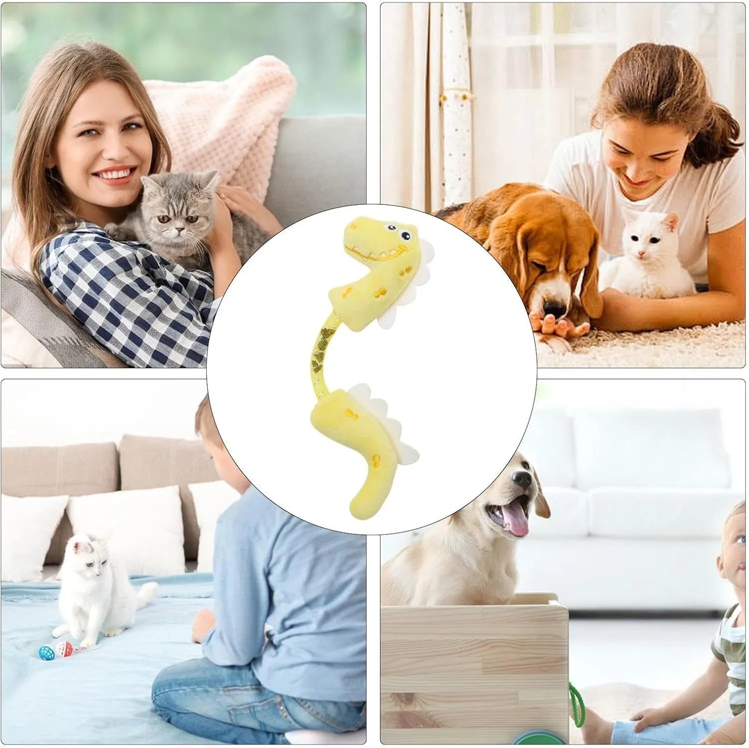 Set of four cat toys: plush fish, mouse, bunny, and a catnip rope on a plain background