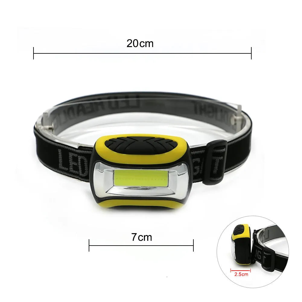 Yellow plastic three-speed COB headlamp with adjustable head strap for outdoor activities