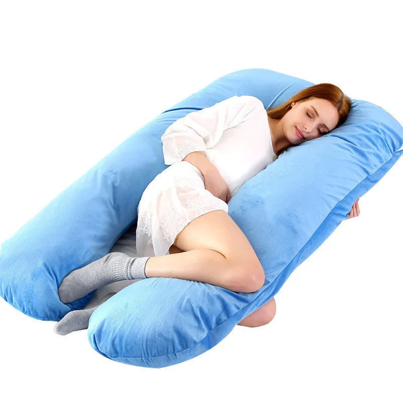 Large U-shaped pregnancy support pillow with removable cover in choice of fabrics.