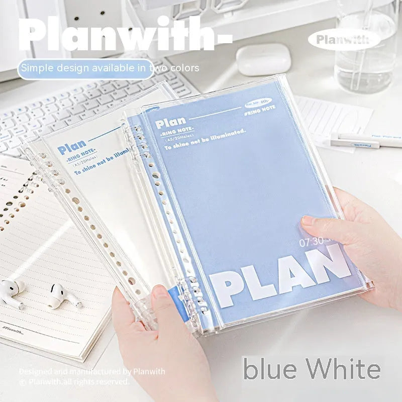 A5 PVC can store spiral notebook in blue or white with clear front showing loose pages