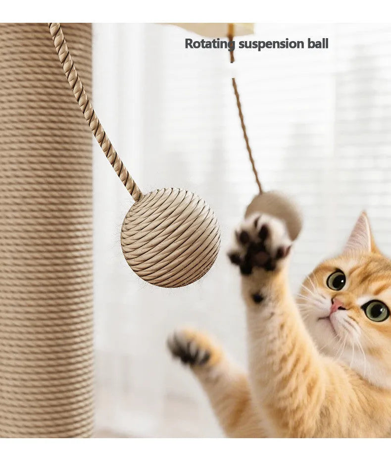 Windmill-shaped cat climbing frame with a hanging ball toy, made from pine wood and carpet leather.