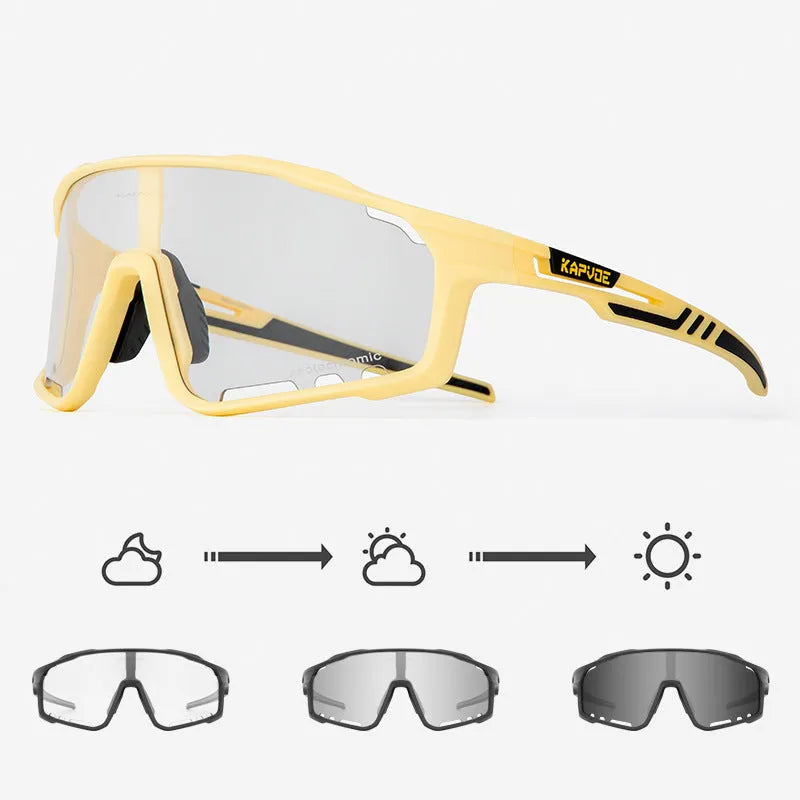 Photochromic cycling sports goggles with TR90 frame and semi-rimless design shown in multiple colour options.
