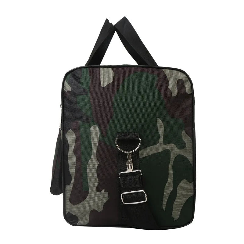 Camouflage coloured waterproof luggage bag with striped interior