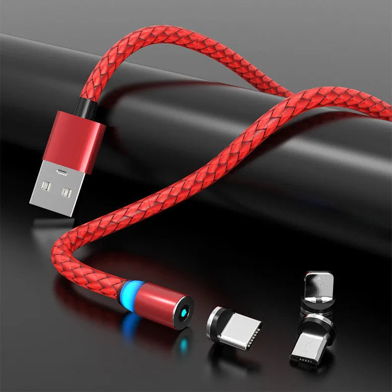 Magnetic charging cable with breathing light showing USB plug and interchangeable Lightning, Micro USB, and Type-C magnetic heads.