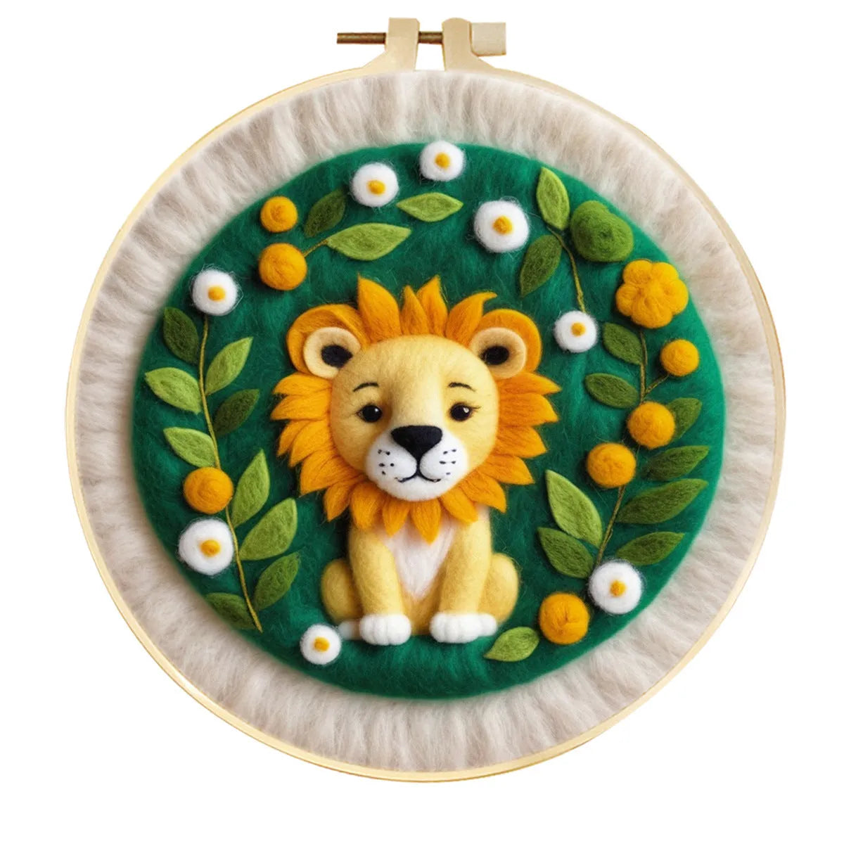 Round linen embroidery kit with wool felt pieces for 3D flowers and leaves, includes a free frame.