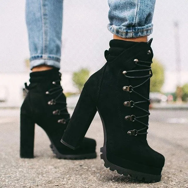 Women's suede high heel ankle boots with thick heels above 8cm and waterproof platform in four colour options