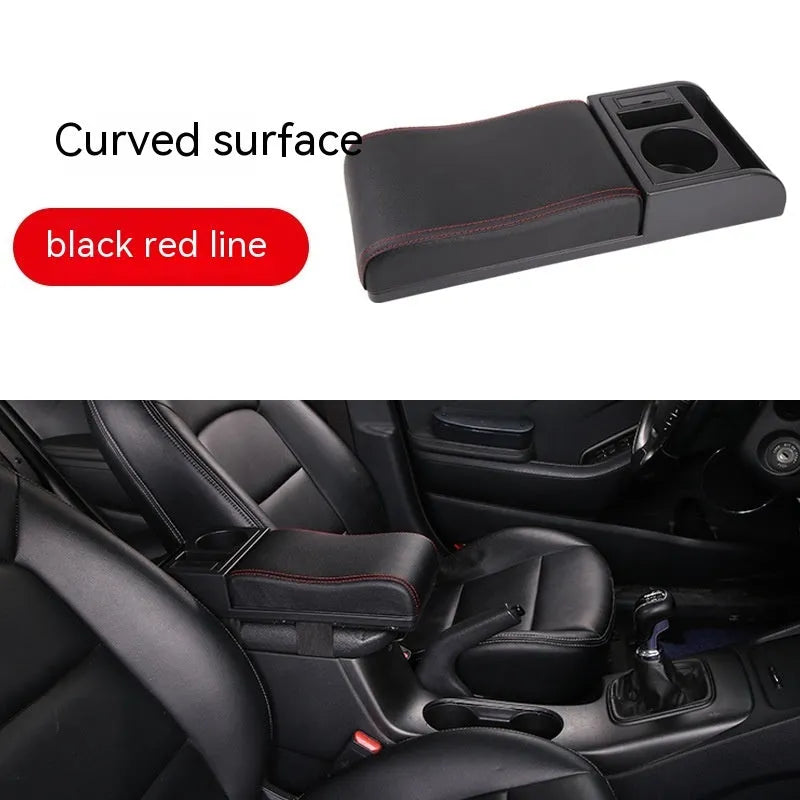 Universal automobile armrest cover with height adjustment in black PU leather finish
