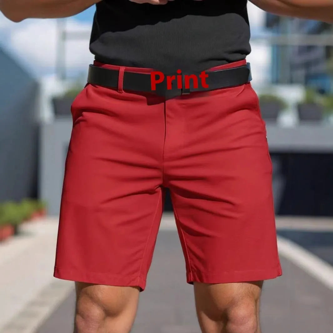 Men's solid colour straight-leg polyester shorts, fifth pants length with micro-elastic fabric