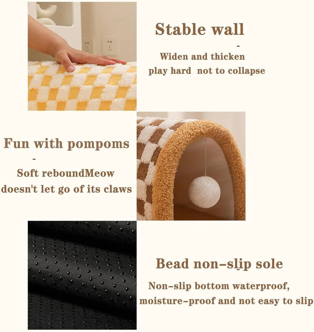 XL soft brown plaid cat tunnel bed with central mat and non-slip bottom on a wooden floor.