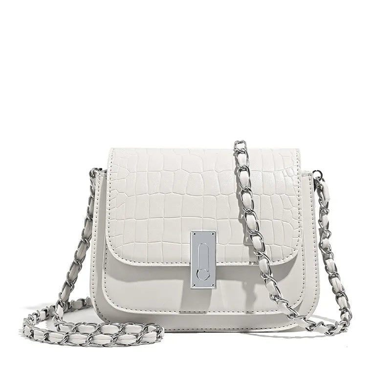 Soft PU women's chain shoulder bag with square shape, sandwich pocket design and mobile phone compartment