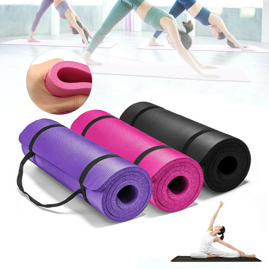 Widened NBR non-slip yoga mat 183x61x1cm in Black with 10mm thickness for fitness