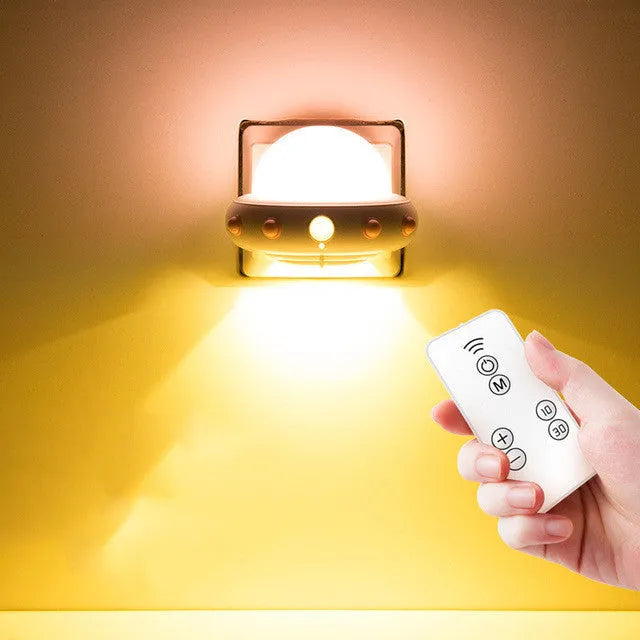 Remote control UFO cartoon bedside night light in blue, pink, or white colour options
