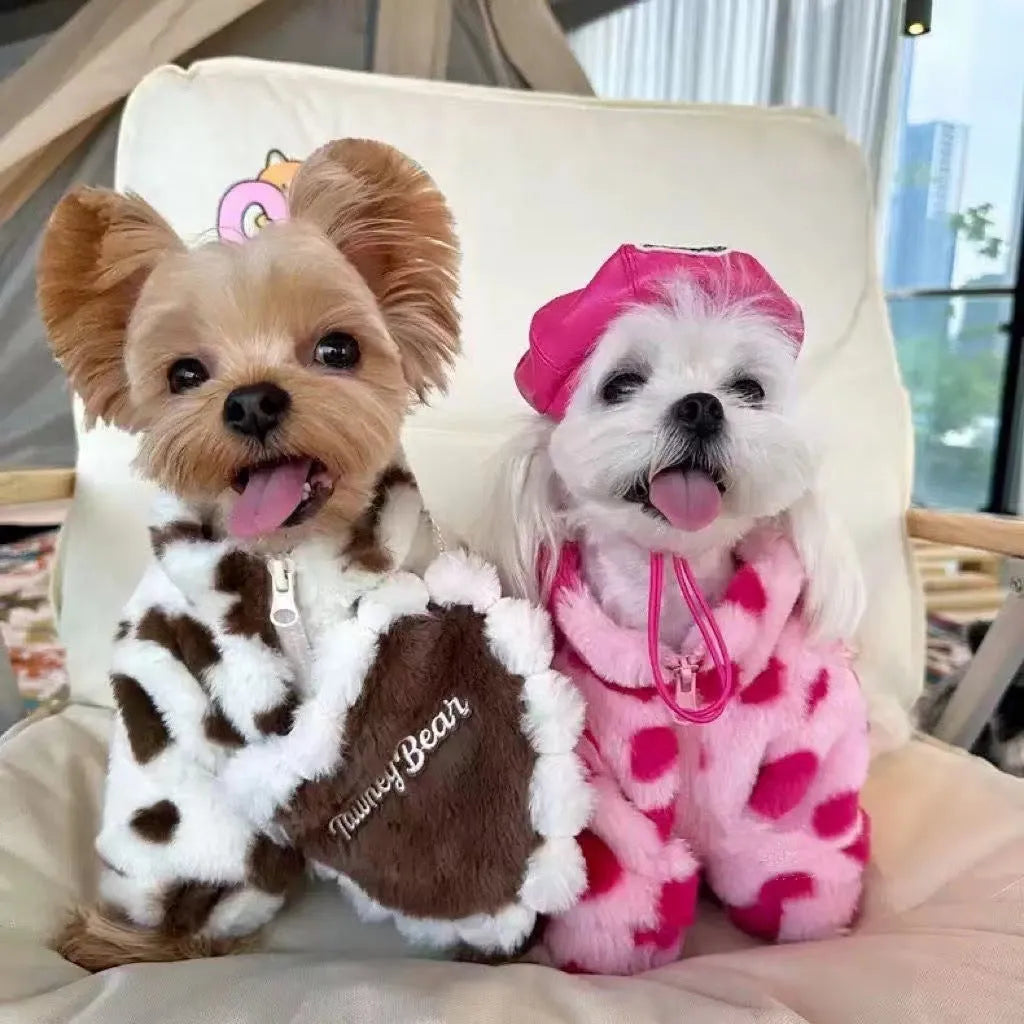 British style plush warm coat for small dog breeds in pink or brown colours