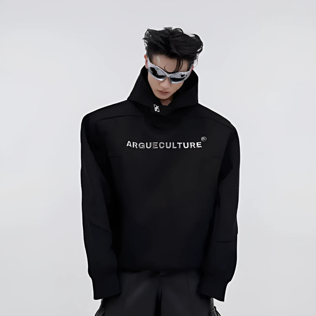 Men's black hooded sweater with heavy shoulder pads and silver metallic 3D printing design.