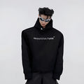 Men's black hooded sweater with heavy shoulder pads and silver metallic 3D printing design.