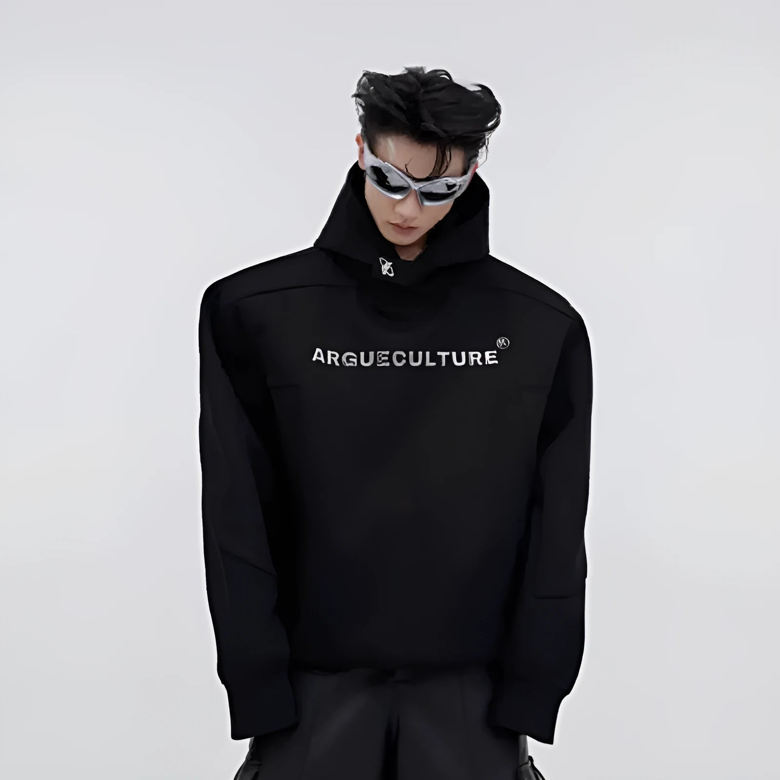Men's black hooded sweater with heavy shoulder pads and silver metallic 3D printing design.