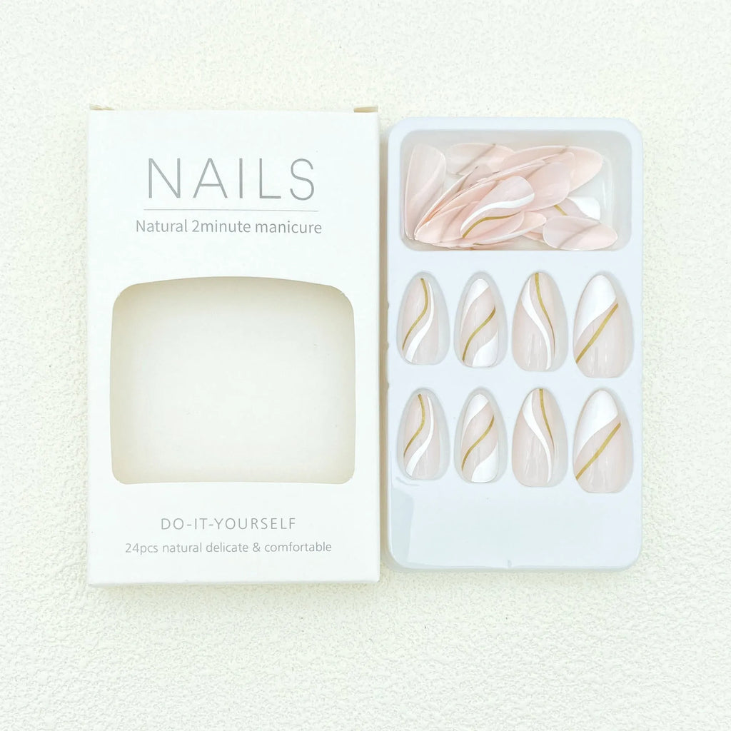 Wearable nail stickers with plaid pattern and translucent jelly glue finish in medium drop shape