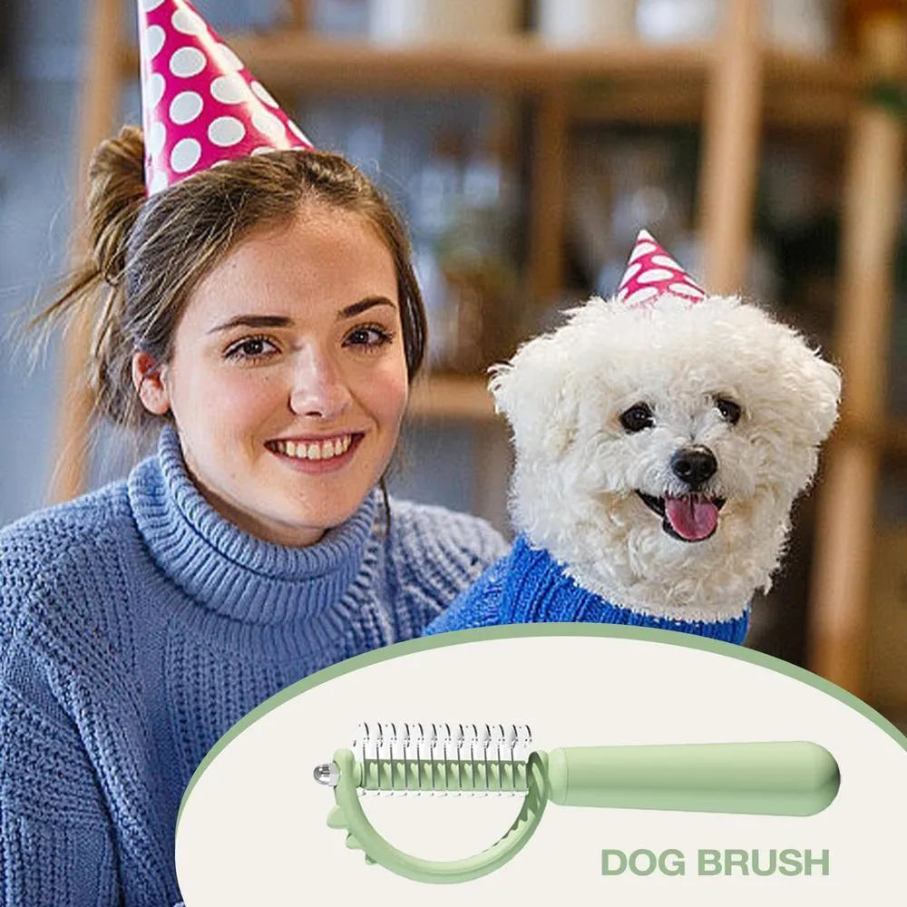 Dinosaur-shaped self-cleaning cat brush with stainless steel bristles in blue, green or white