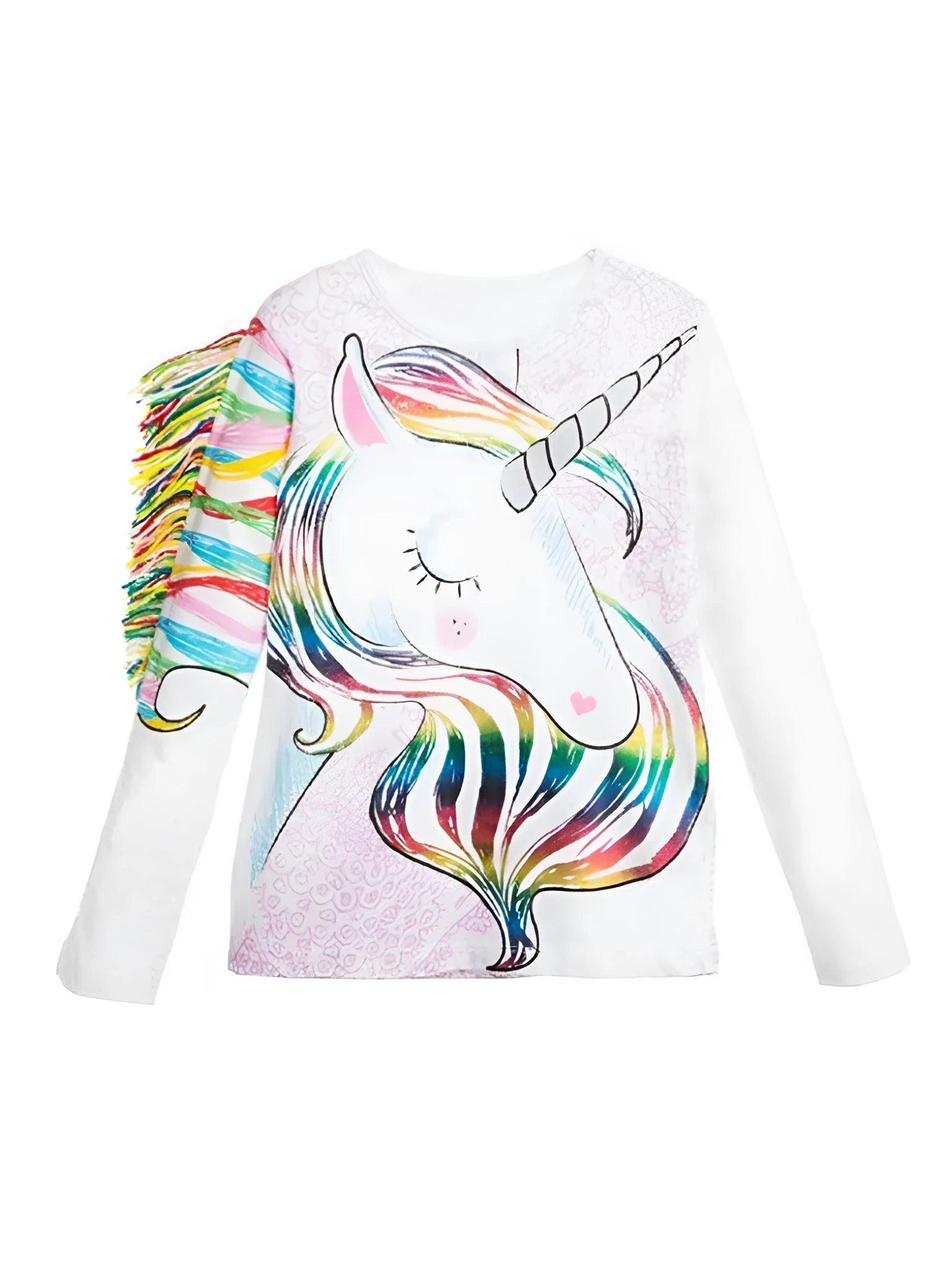 White children's T-shirt with stereo horse hair print, long sleeve round neck cotton top