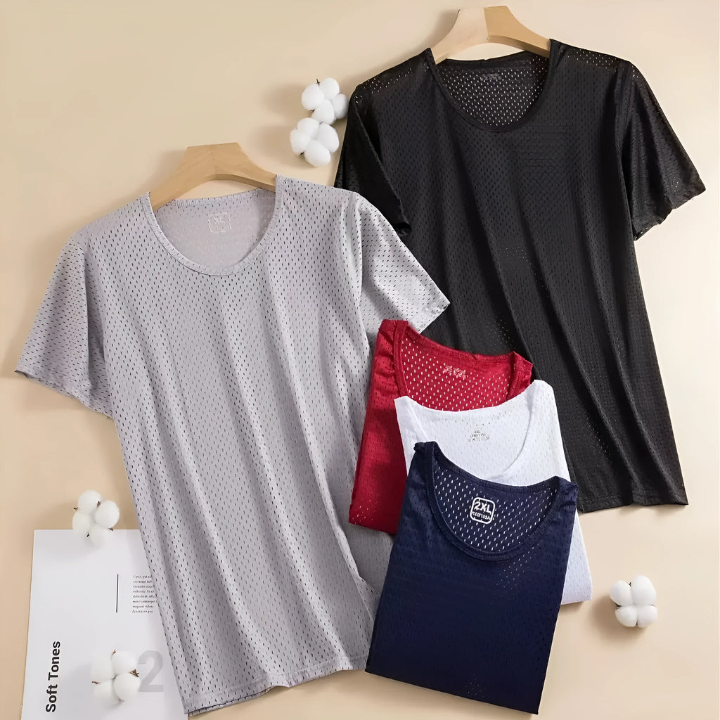 Man wearing a thin grey Ice Silk short sleeve crew neck t-shirt with a loose fit.