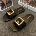 Women's summer casual flat slippers with PVC sole in apricot, black, or khaki colour options