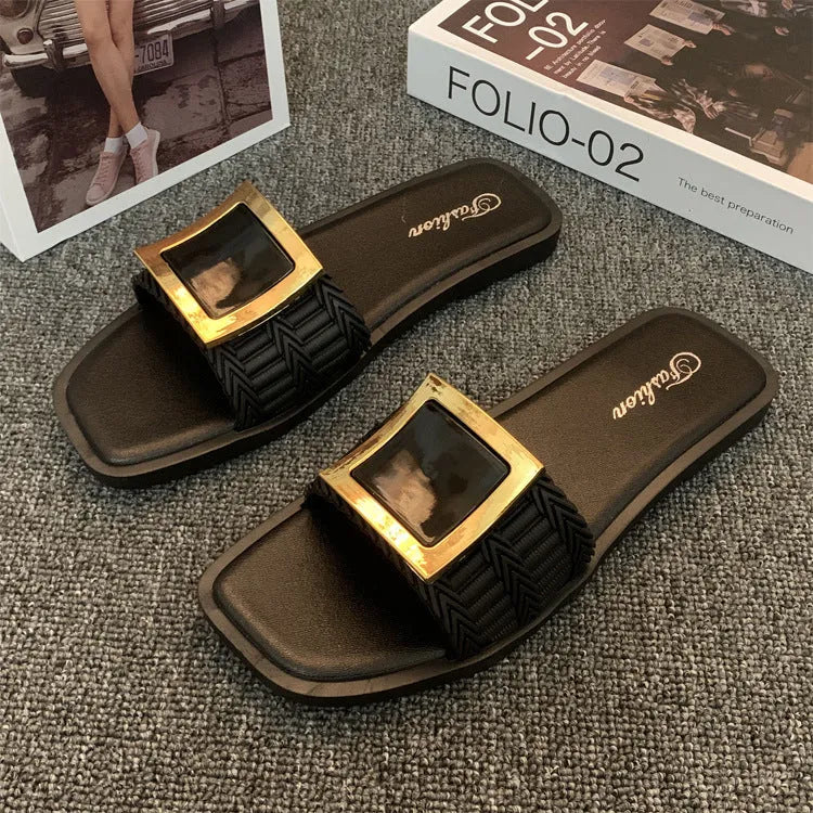 Women's summer casual flat slippers with PVC sole in apricot, black, or khaki colour options