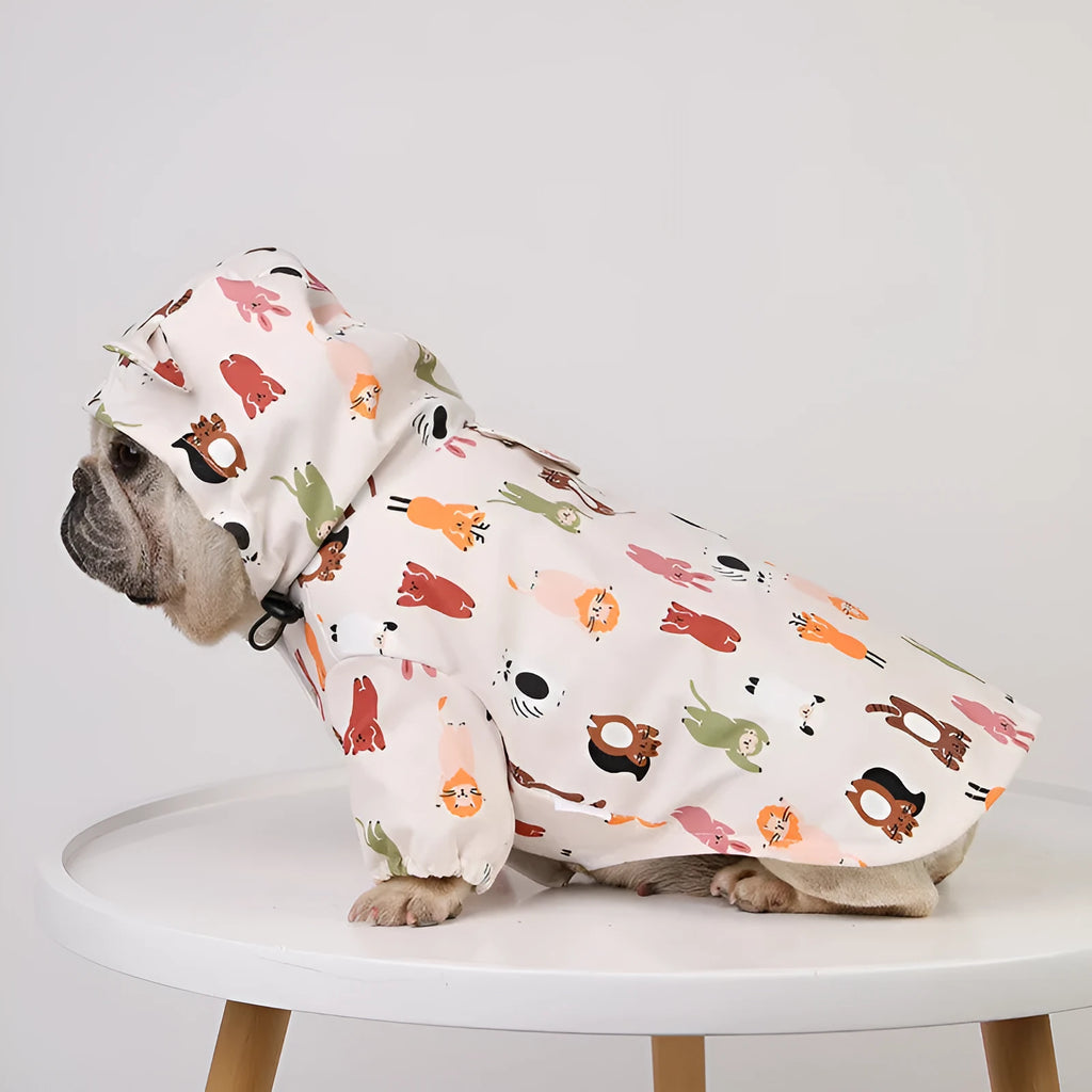 Beige dog raincoat with cartoon design featuring double waterproof PU coating