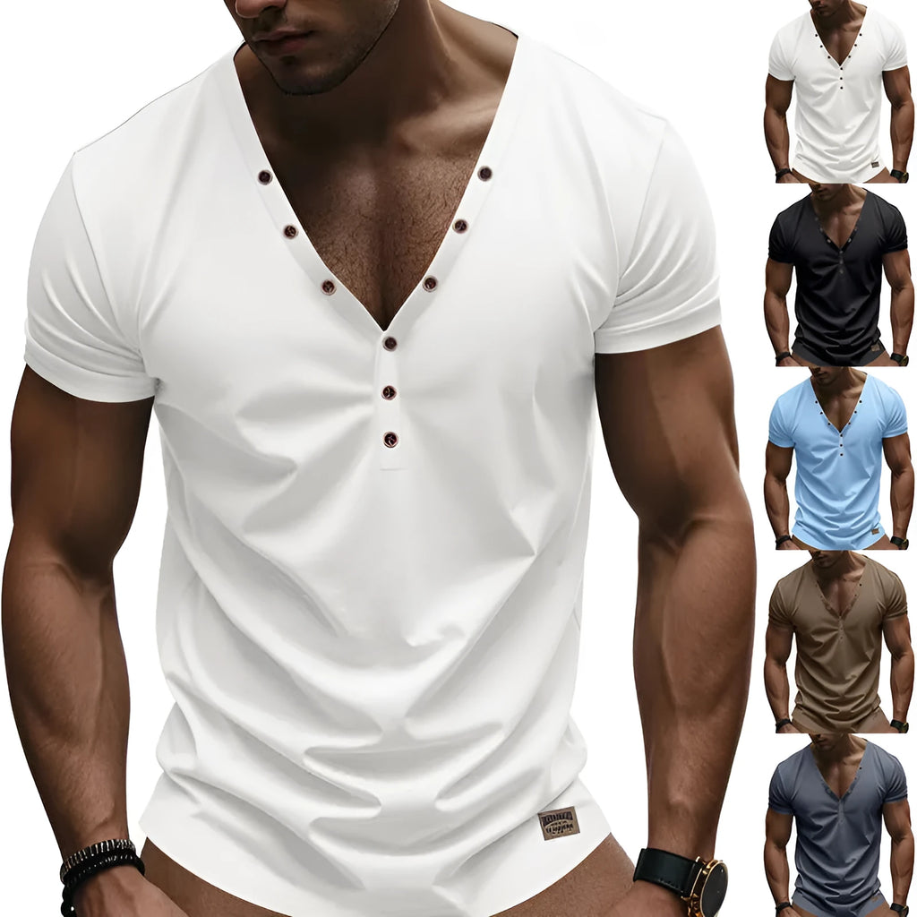 Men's loose thin V-neck pullover top with button design in chemical fibre blend fabric