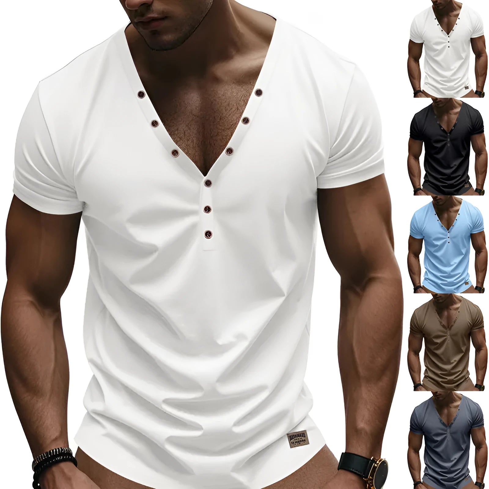 Men's loose thin V-neck pullover top with button design in chemical fibre blend fabric