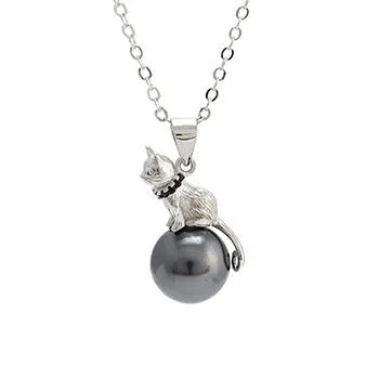 Sterling silver cat pendant necklace on a chain, showing elegant clavicle-length design.