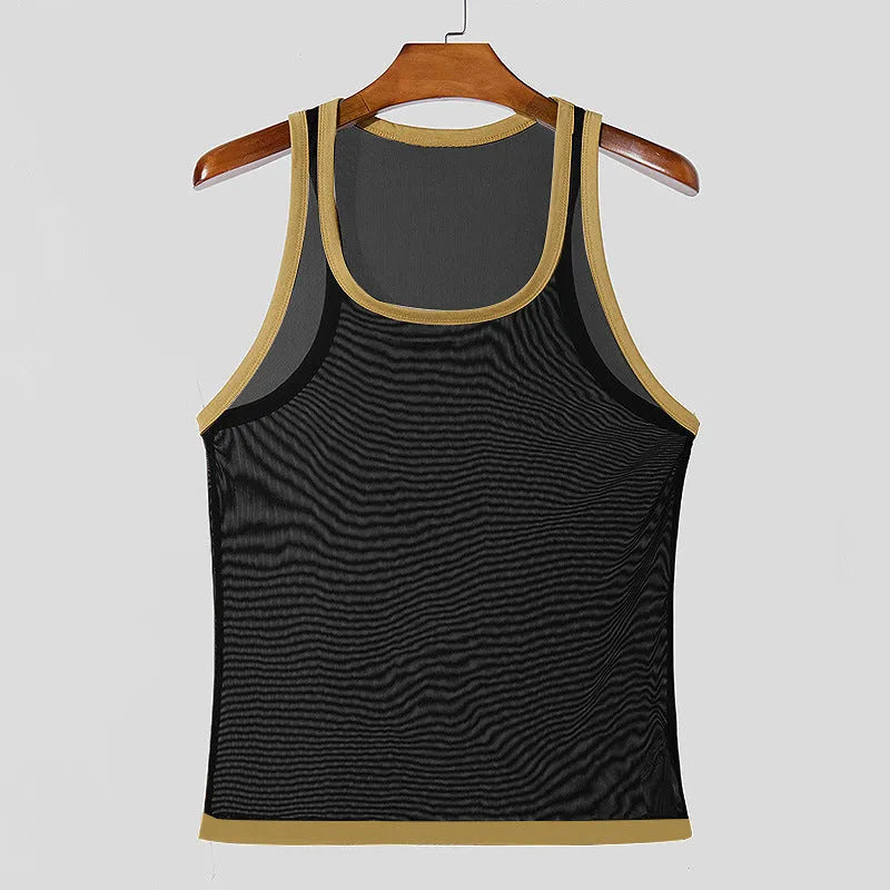 Men's black polyester mesh fitness vest with straight hem, shown on a model.