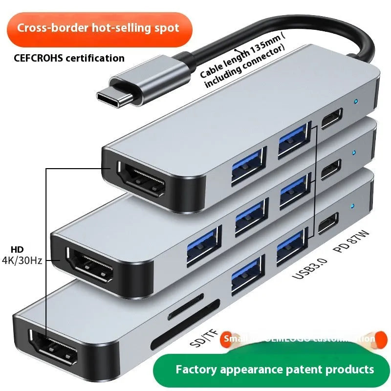 Compact aluminium USB-C expansion dock for laptop and tablet showing multiple port options.