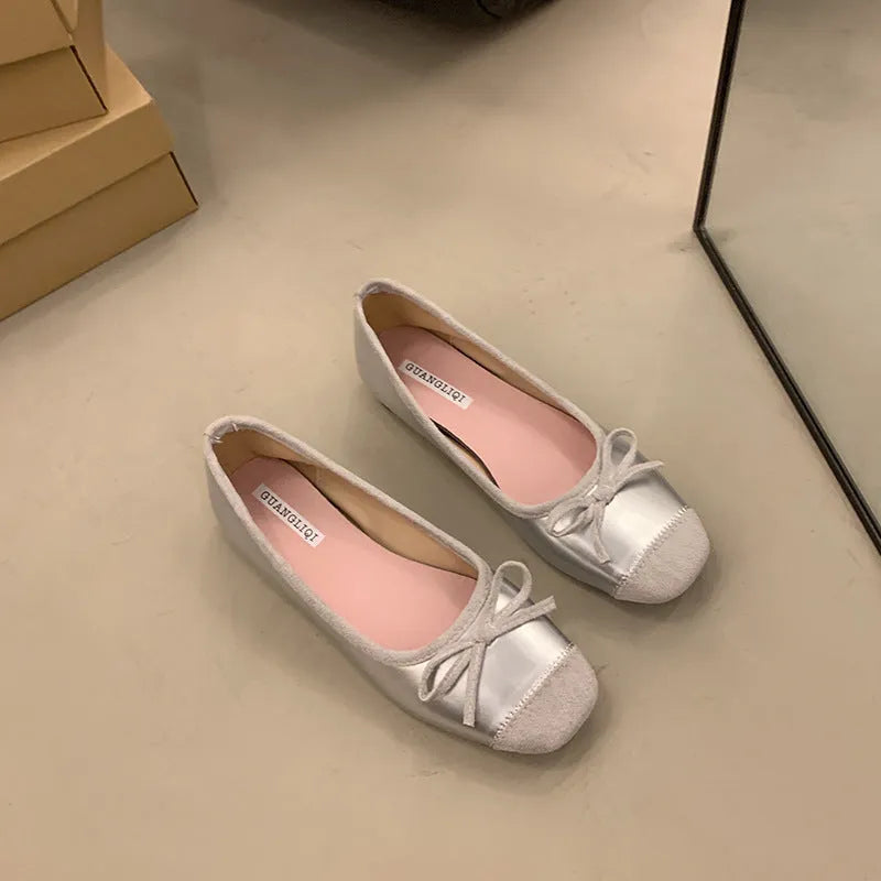 Retro ballet flat shoes in wine red with bow detail and square toe