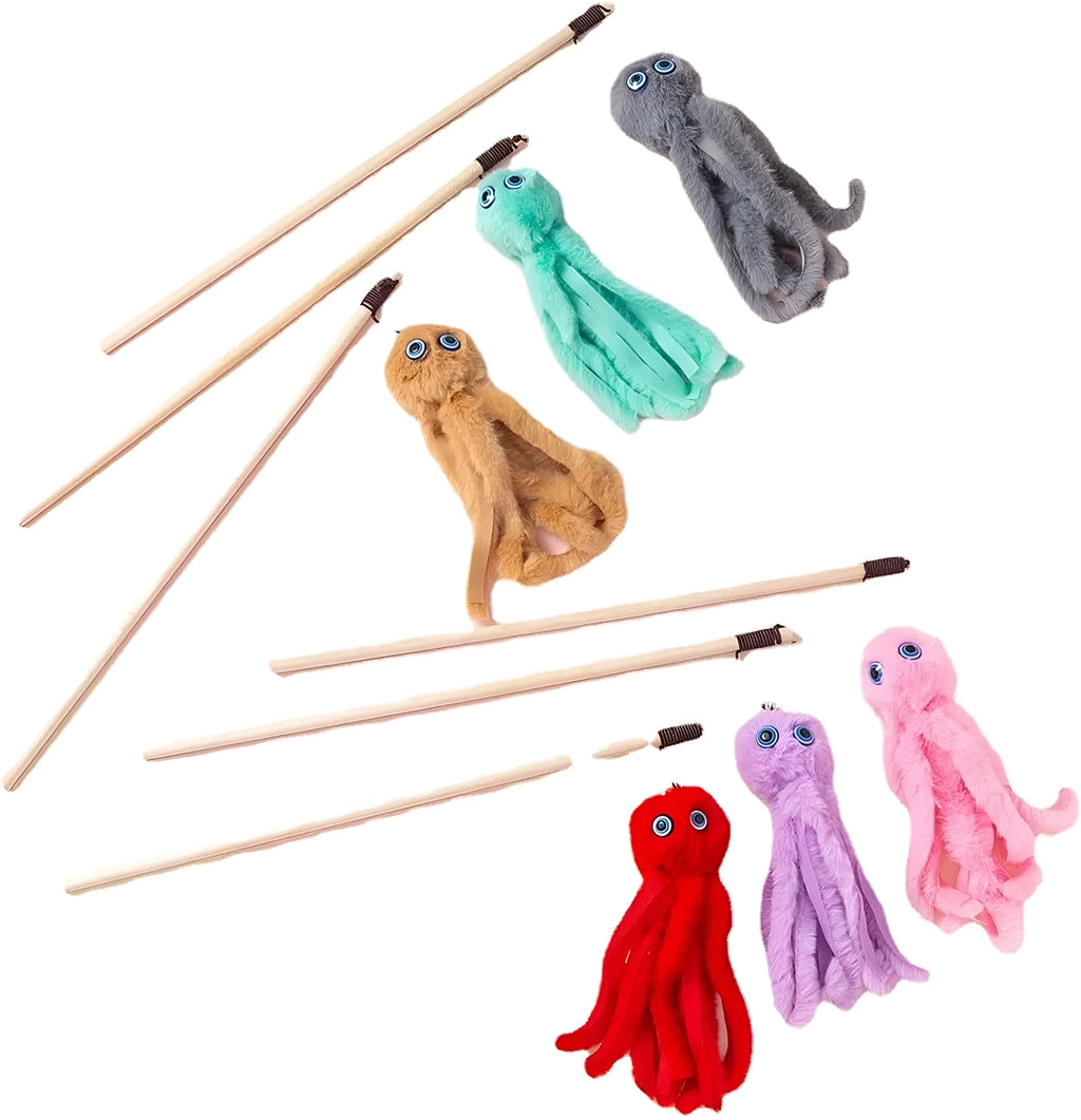 Octopus-themed cat toy on a long stick with bright colours, for interactive indoor play with kittens.