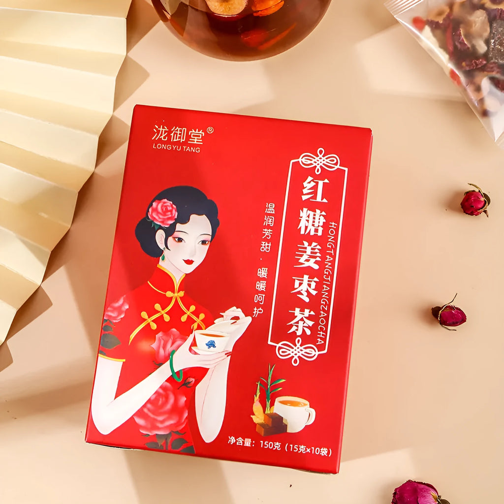 Box of Yuantang brown sugar ginger and red date herbal tea bags, net weight 150g.