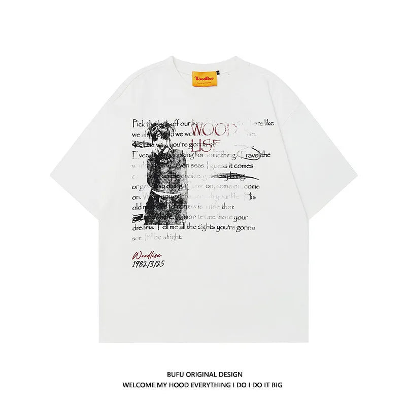 Men's black hip hop style loose T-shirt with white printed letters design and raglan sleeves
