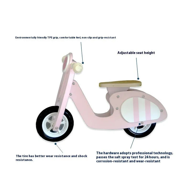 Pink wooden balance scooter for children aged 1-6 years with 10 inch size