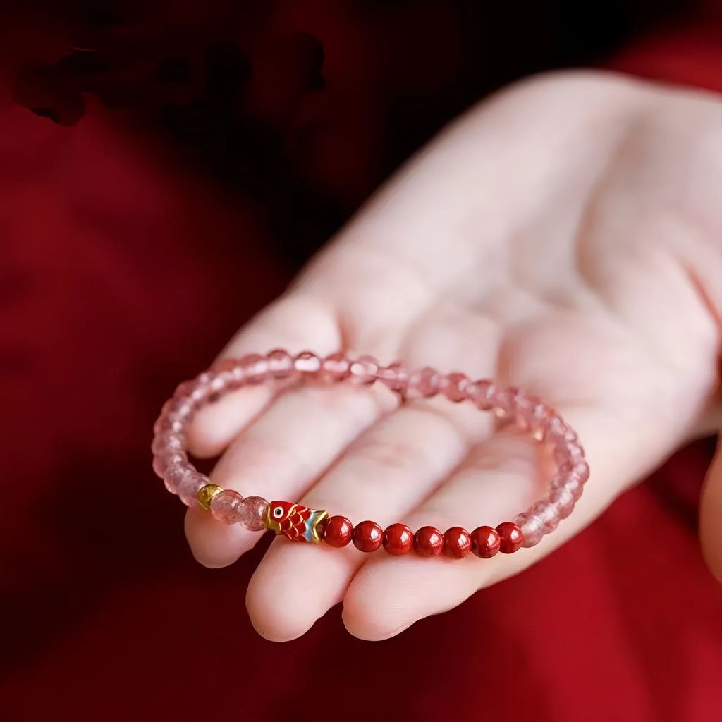 Women's purple cinnabar and strawberry quartz bracelet with peach blossom lucky beads