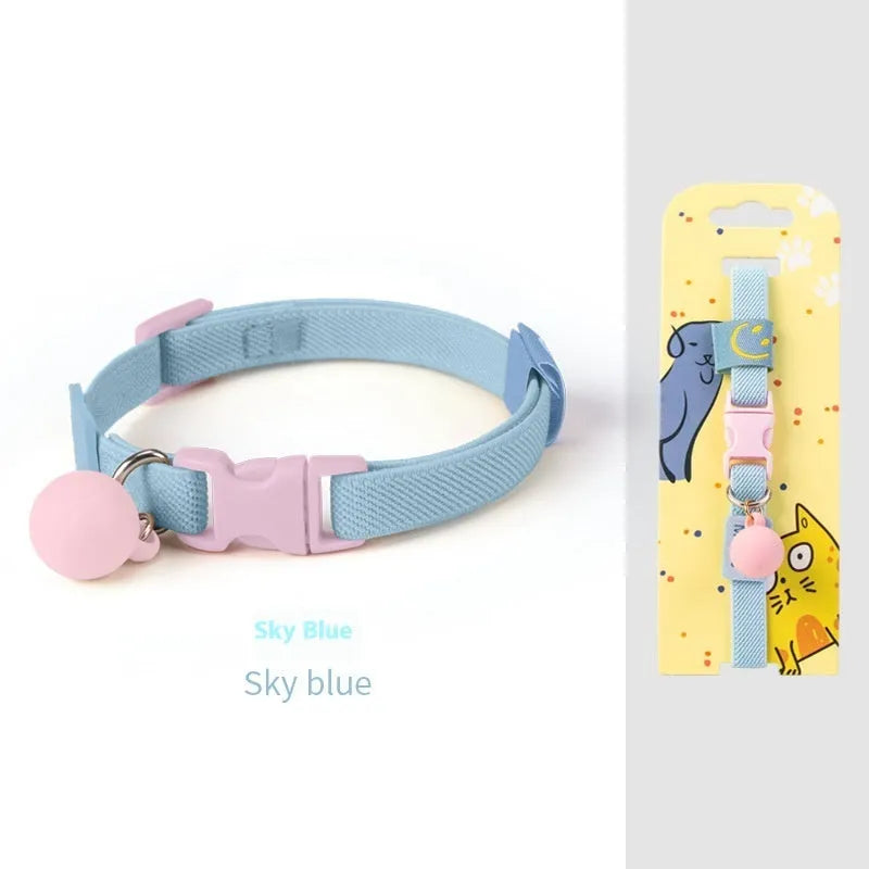 Small dog elastic polyester pet collar in seven colour options showing yellow, pink, and blue examples