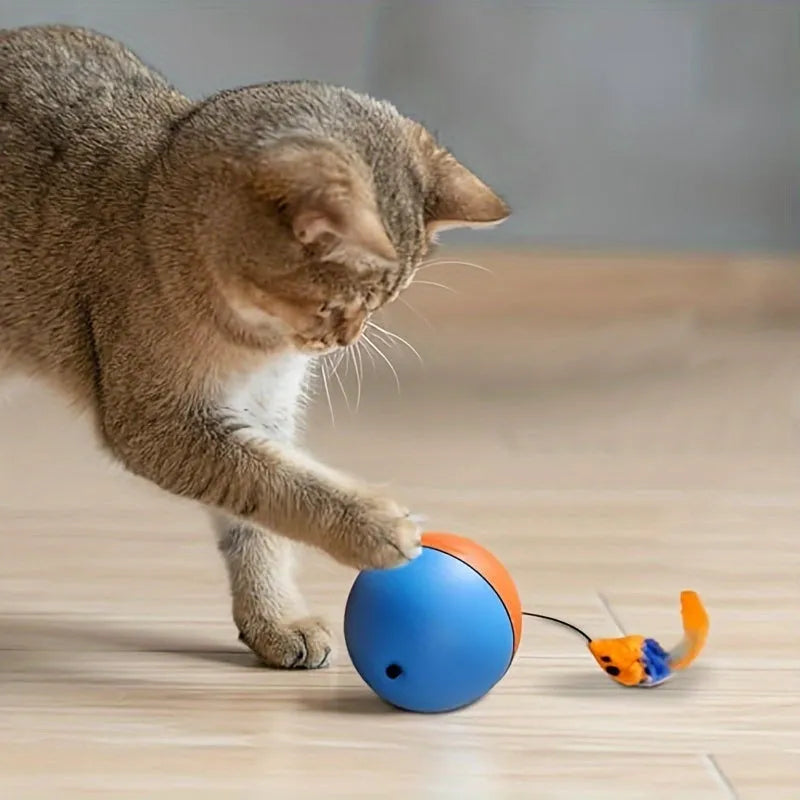 Grey and orange interactive cat toy ball plush mouse measuring 8.5cm
