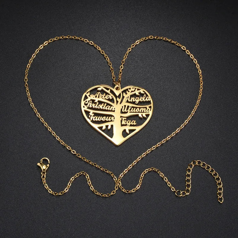 Custom stainless steel name necklace with family tree and hollow heart pendant in gold, silver, or rose gold.