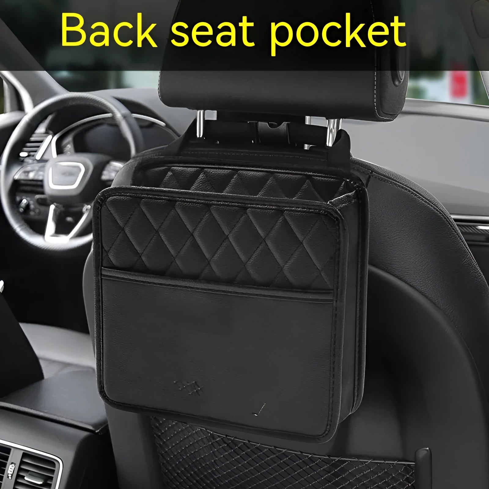 Black leather hanging storage bag for car interior organisation