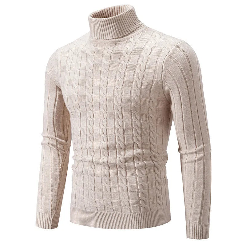 Men's slim fit twist turtleneck pullover in chenille fabric, shown in milky white colour