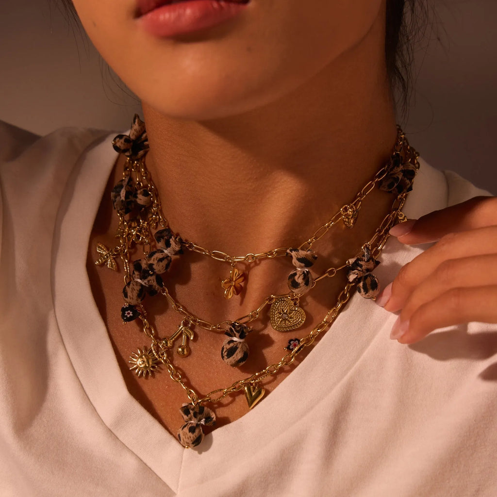 Stainless steel necklace with leopard heart and flower pendant, 18K gold plated, adjustable 41-50cm chain for women.